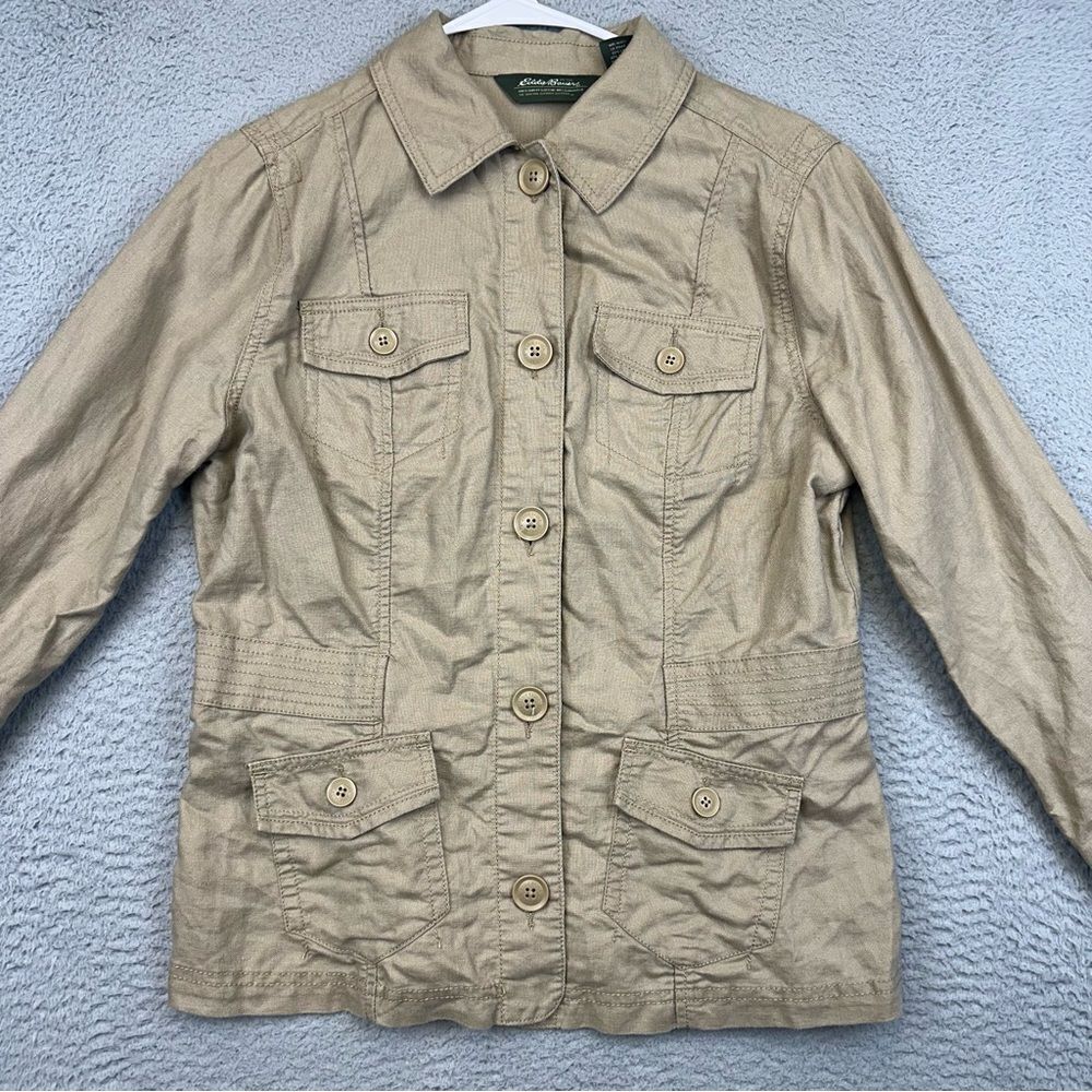 Eddie Bauer Shirt Jacket Womens Medium Beige Linen Blend Chore Field Outdoor‎ - Picture 2 of 12